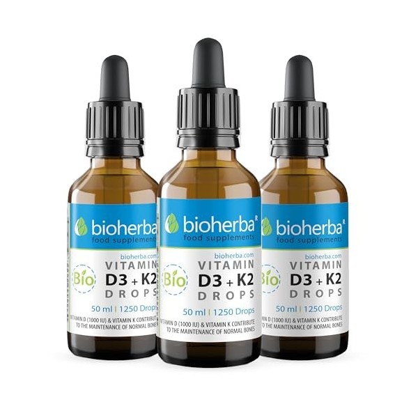 Vitamine D3 + K2 en gouttes – Formule haute teneur avec MK-7 et huile MCT | 50 ml 1250 gouttes | Vegan & sans additifs – pa V...