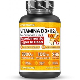 Vitastrong. Vitamine D3 + K2 – 365 Comprimés Cure dun An – Haut Dosage 2000 UI Vitamine D3 & 100 µg Vitamine K2 MK-7 – Mai