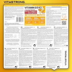 Vitastrong. Vitamine D3 + K2 – 365 Comprimés Cure dun An – Haut Dosage 2000 UI Vitamine D3 & 100 µg Vitamine K2 MK-7 – Mai