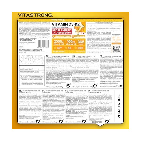 Vitastrong. Vitamine D3 + K2 – 365 Comprimés Cure dun An – Haut Dosage 2000 UI Vitamine D3 & 100 µg Vitamine K2 MK-7 – Mai
