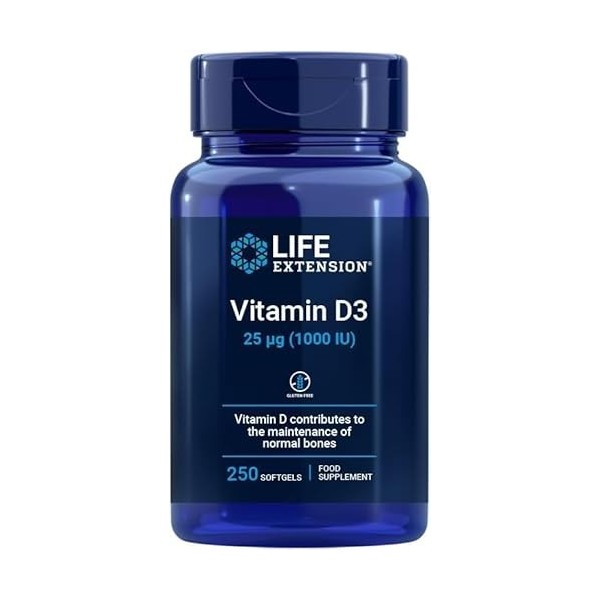 Life Extension - Vitamine D3 25 mcg 1000 UI , 250 Gélules Molles – Soutient la Santé Immunitaire, Osseuse et Cellulaire, Mai