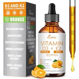 VivoNu Vitamine D3 K2 Gouttes – 1000 UI D3 + K2-MK7 40 µg – Magnésium Bisglycinate + Vitamine C, Oméga 3 et Zinc – Arôme oran