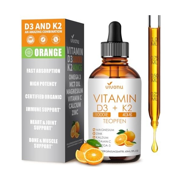 VivoNu Vitamine D3 K2 Gouttes – 1000 UI D3 + K2-MK7 40 µg – Magnésium Bisglycinate + Vitamine C, Oméga 3 et Zinc – Arôme oran
