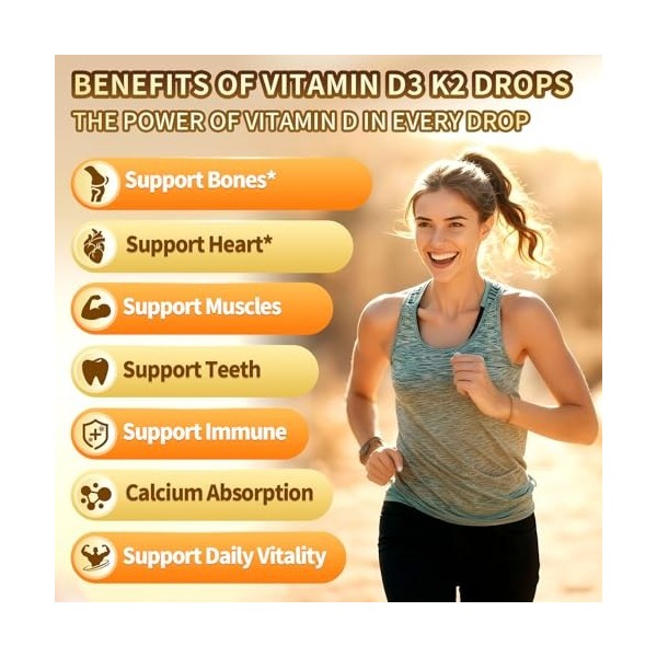 VivoNu Vitamine D3 K2 Gouttes – 1000 UI D3 + K2-MK7 40 µg – Magnésium Bisglycinate + Vitamine C, Oméga 3 et Zinc – Arôme oran