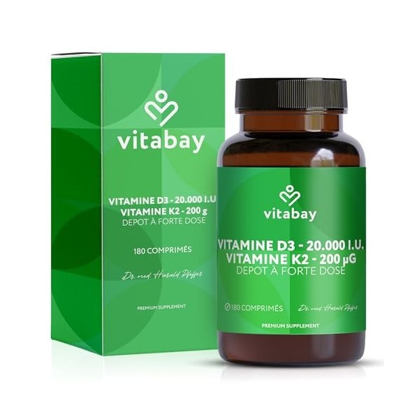 Vitabay Vitamine D3 + K2 Depot – 180 comprimés végétaliens – hautement dosé – 20 000 UI vitamine D3 avec K2 MK7 all-trans – s
