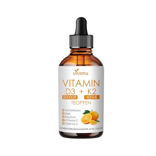 Vitamine D3 K2 20000 UI avec MK7-300 en Huile de coco vierge | Soutient lAbsorption du Calcium, et la Santé des Os, du Systè