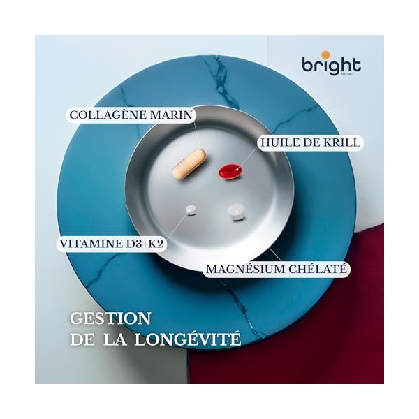 Gestion de la longévité | Vitamine D3 et K2 4000 UI + Magnésium Omega 3 Krill Collagène - Sans OGM | Puissante synergie de vi