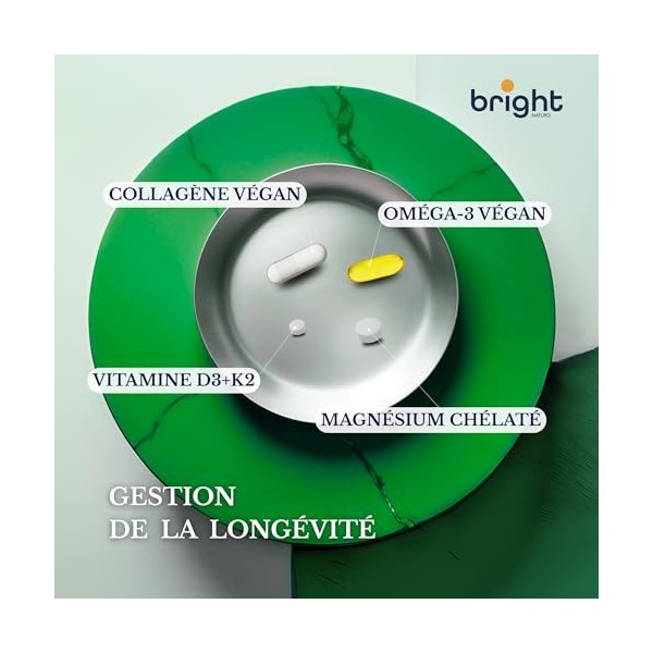 Gestion de la longévité | Vitamine D3 et K2 4000 UI, magnésium, oméga 3 végétalien, collagène végétalien - sans OGM | Puissan