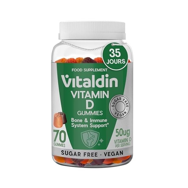 VITALDIN Vitamine D Gummies – 2000 UI – Véganes et Sans Sucre – 70 Gummies Fruits – Système immunitaire & os – Aide à l’absor