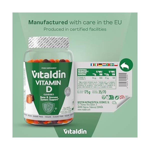 VITALDIN Vitamine D Gummies – 2000 UI – Véganes et Sans Sucre – 70 Gummies Fruits – Système immunitaire & os – Aide à l’absor