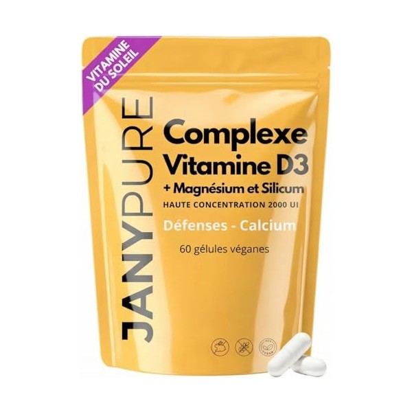 Complexe Vitamine D3 2000 UI Haute Dose + Magnésium et Silicium - Cure 2 Mois Carence Vitamine D - Vitamine du Soleil Soutien