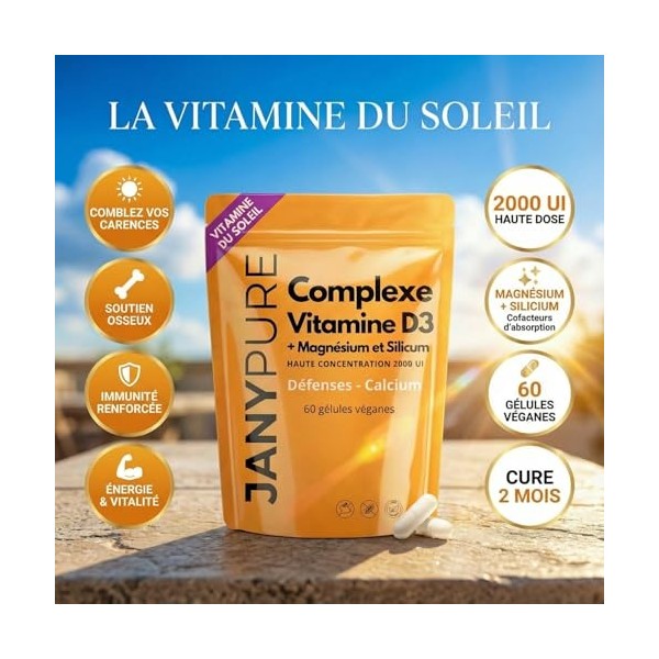 Complexe Vitamine D3 2000 UI Haute Dose + Magnésium et Silicium - Cure 2 Mois Carence Vitamine D - Vitamine du Soleil Soutien