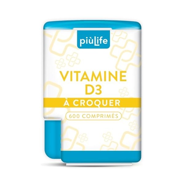 Vitamine D3 2000 UI PiùLife – 2 par jour – Comprimés à Croquer Sans Sucre – Source de Vitamine D Pour Immunité, Os, Dents et