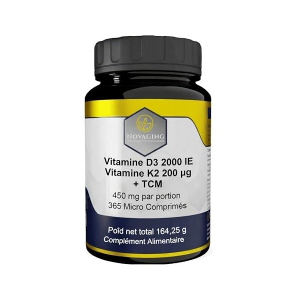 NovAging Vitamine D3 2000UI K2 Mk-7 200µg, TCM, Anti-Age - 365 Comprimés, 1 an de provisions, 100% Vegan - Précisement dosé