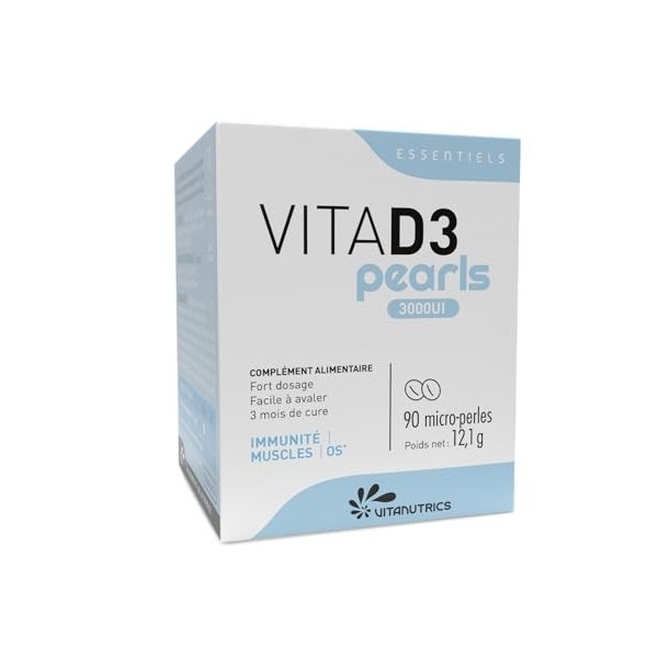 Vitanutrics - VITAD3 PEARLS 3000 UI - Vitamine D3 - Immunité, Muscles, Os - Formule Hautement Concentrée, 100% dOrigine Natu ...