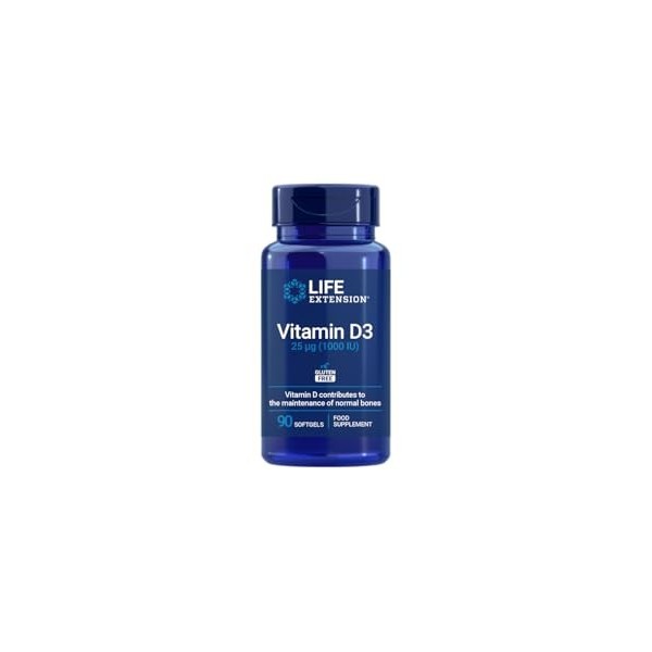 Life Extension - Vitamine D3 25 mcg 1000 UI , 90 Gélules Molles – Soutient la Santé Immunitaire, Osseuse et Cellulaire, Main