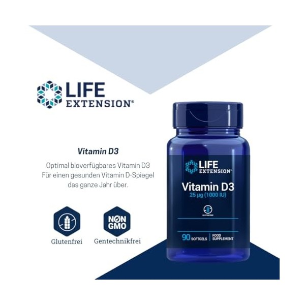 Life Extension - Vitamine D3 25 mcg 1000 UI , 90 Gélules Molles – Soutient la Santé Immunitaire, Osseuse et Cellulaire, Main