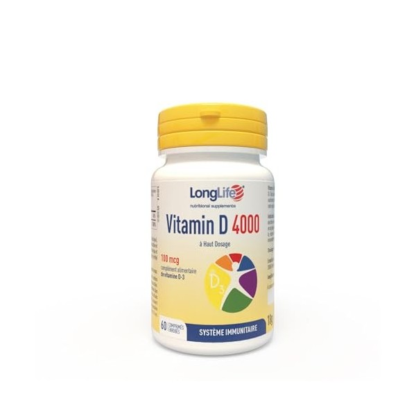 LongLife® Vitamin D 4000 | Haute teneur en vitamine D3 naturelle | 4 mois d’utilisation | Défenses immunitaires, santé des os