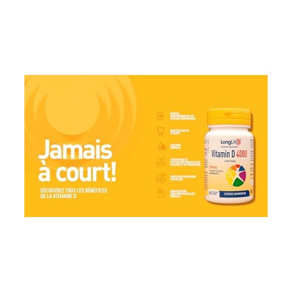 LongLife® Vitamin D 4000 | Haute teneur en vitamine D3 naturelle | 4 mois d’utilisation | Défenses immunitaires, santé des os