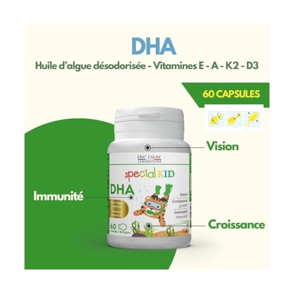 SPECIAL KID DHA - Croissance, Vision & Immunité - 60 Capsules - Huile d’Algue 250mg, DHA 100mg, Vitamines D3, A, E, K2 - Prog