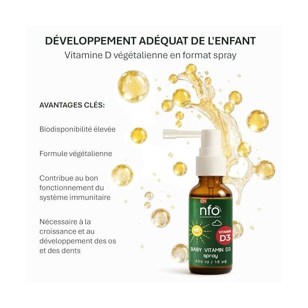 NFO BABY Vitamin D3 Spray 400 UI/10 μg [20 ml: 110 jours/pulvérisations] Vitamine D naturelle pour enfants, Spray bébé Vitami