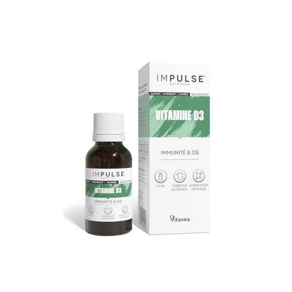 Impulse Nutrition - Vitamine D3 – Immunité, Ossature et Muscules – Complément alimentaire Bien-Être et Performance – 20 ml – 