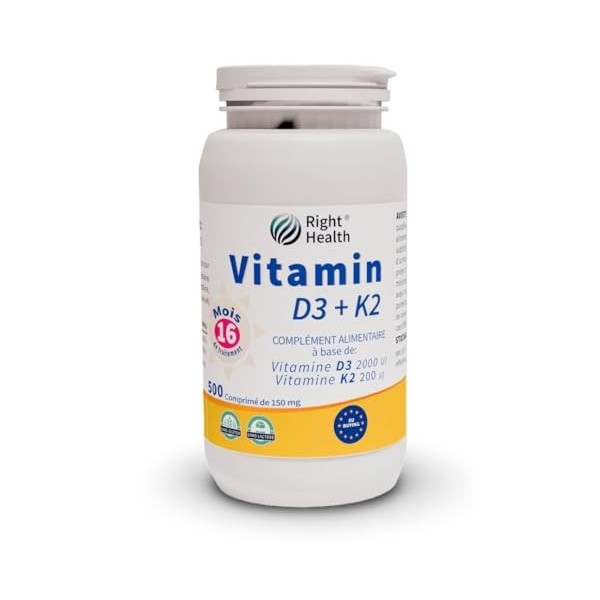 VITAMINE D3 K2: Vitamine D 2000 UI 50 μg et K MK7 200 μg 500 comprimés 1 an 4 mois - 1 par jour à Haute Dose et Biodisp