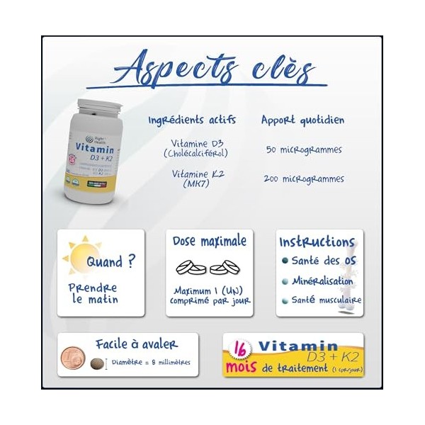 VITAMINE D3 K2: Vitamine D 2000 UI 50 μg et K MK7 200 μg 500 comprimés 1 an 4 mois - 1 par jour à Haute Dose et Biodisp