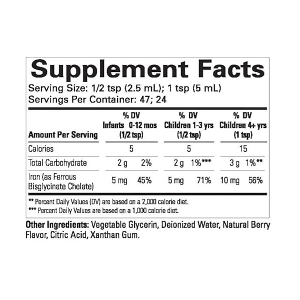 Fer liquide, sans OGM, sans gluten, saveur baie, 118 ml