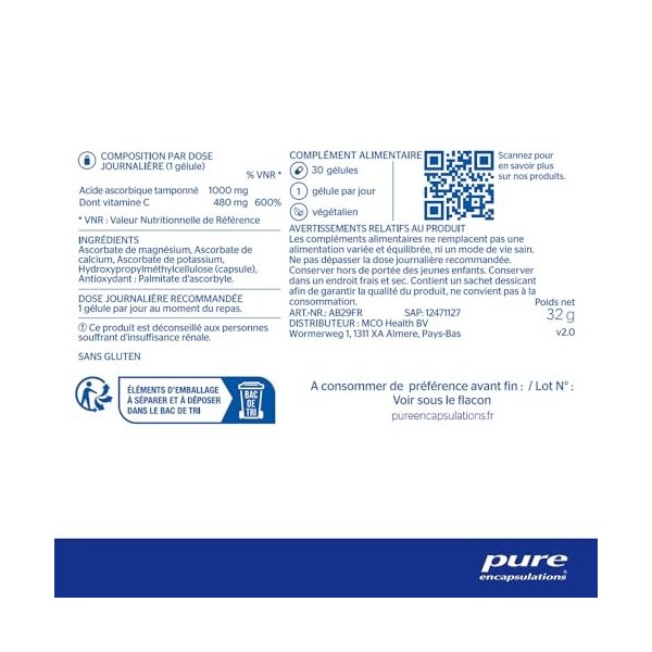 Pure Encapsulations - Vitamine C 1000mg - Défenses Immunitaires - Vitalité et énergie - Formule très bien tolérée - Complémen...