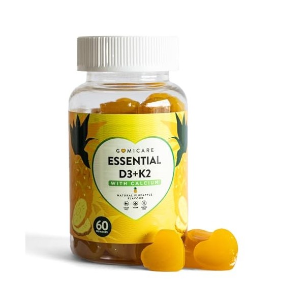 GOMICARE – Gummies Vitamine D3 K2 avec 250 mg de Calcium – Pour Enfants – 60 Gummies Bonbons – Sans Sucre – Sans Gluten – D
