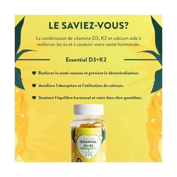 GOMICARE – Gummies Vitamine D3 K2 avec 250 mg de Calcium – Pour Enfants – 60 Gummies Bonbons – Sans Sucre – Sans Gluten – D