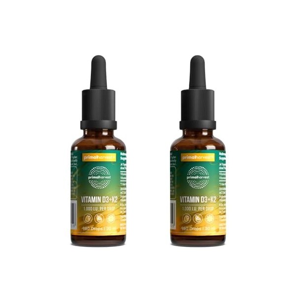 Primal Vitamin D3 & K2 Drops de Primal Harvest - 1 000 U.I., Gouttes multi vitamines avec huile MCT, vitamines liquides en fl...