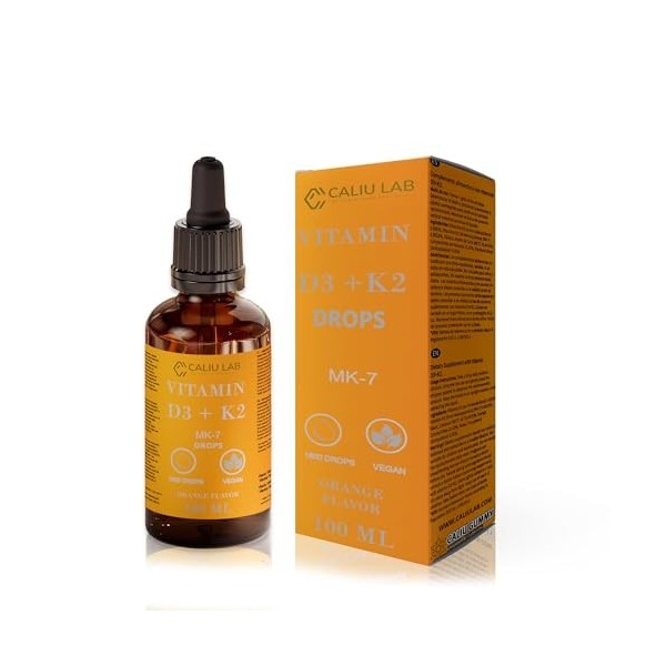 CALIU GUMMY | Gouttes de Vitamine D3 + K2 | 100 ml | 50 µg 2000 UI D3 + 25 µg K2 MK-7 par Goutte | Huile MCT | Formule Vé