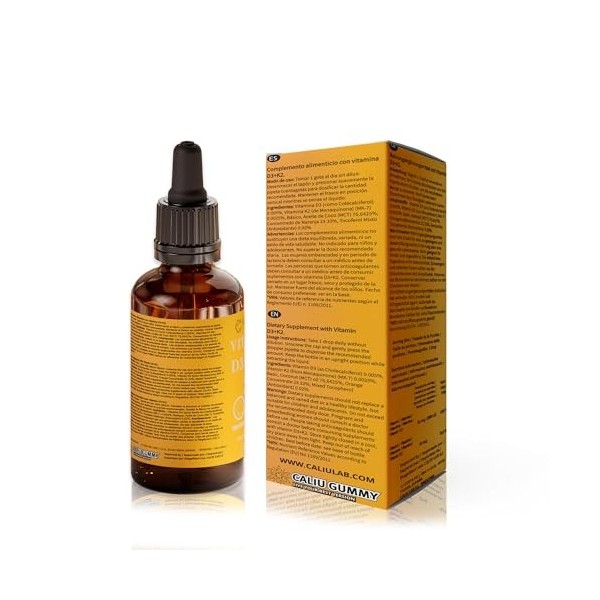 CALIU GUMMY | Gouttes de Vitamine D3 + K2 | 100 ml | 50 µg 2000 UI D3 + 25 µg K2 MK-7 par Goutte | Huile MCT | Formule Vé