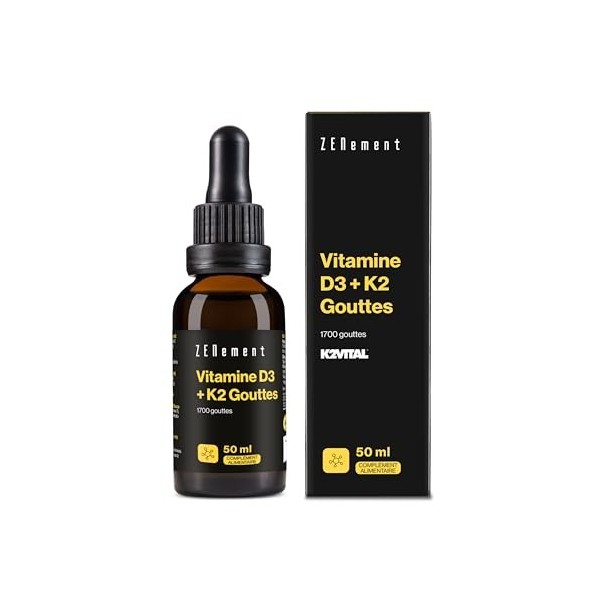 Vitamine D3 + K2 Gouttes - Ingrédients Premium K2VITAL® MK-7 All-Trans 99,7% et Vitamine D3 Naturelle de Lanoline - pour les