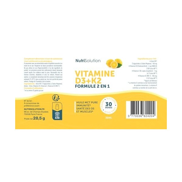 Vitamine D3+K2 par Nutrisolution: Gouttes Liquides Premium - Renforce Os et Muscles - Booste lÉnergie et lImmunité - 30ml - V...
