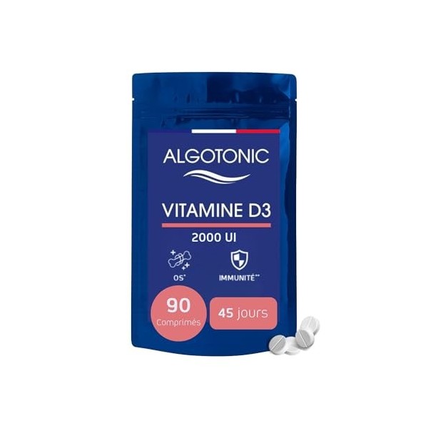 Algotonic - Vitamine D3-90 comprimés - Cure 45 jours - 100% Naturel - 2000 UI/jour - Ossature et Immunité - Arôme Orange