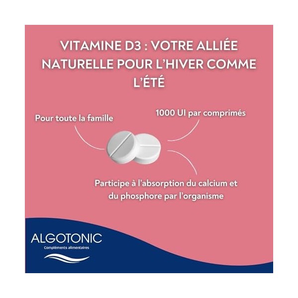 Algotonic - Vitamine D3-90 comprimés - Cure 45 jours - 100% Naturel - 2000 UI/jour - Ossature et Immunité - Arôme Orange