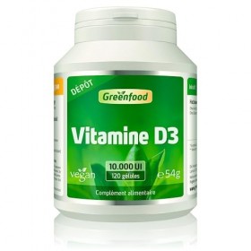 Greenfood Vitamine D3, 10.000 UI, dose élevée, dépôt, 120 gélules. Contribue à renforcer les os, les dents et l’immunité. SAN