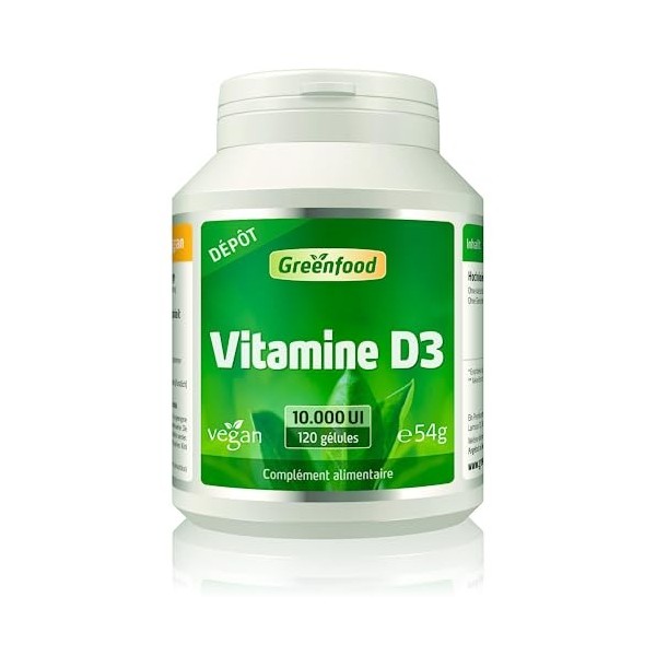 Greenfood Vitamine D3, 10.000 UI, dose élevée, dépôt, 120 gélules. Contribue à renforcer les os, les dents et l’immunité. SAN
