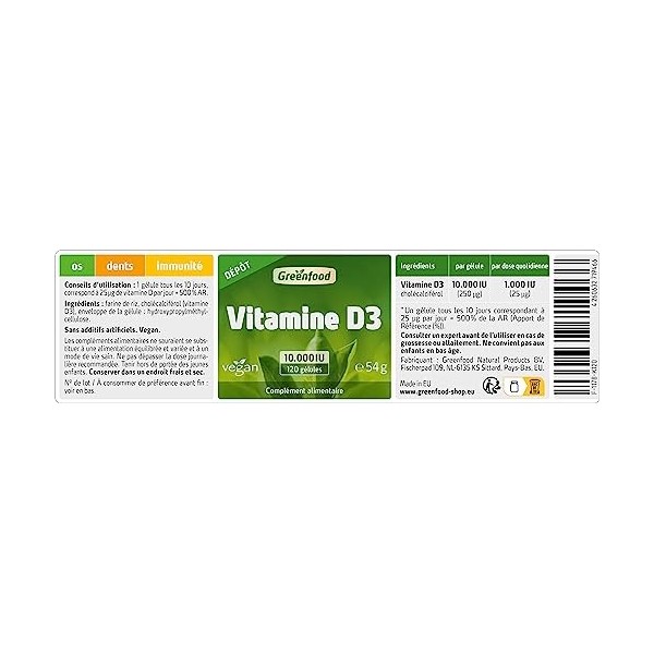 Greenfood Vitamine D3, 10.000 UI, dose élevée, dépôt, 120 gélules. Contribue à renforcer les os, les dents et l’immunité. SAN