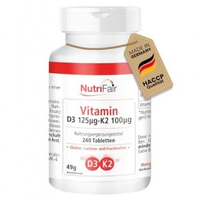 Vitamine D3 + K2-240 comprimés - Haute dose - biodisponibilité optimale - Production allemande & tests en laboratoire - Nutri