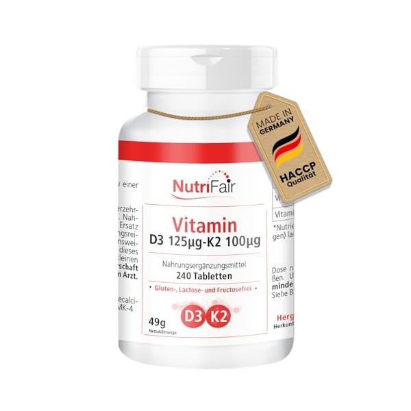 Vitamine D3 + K2-240 comprimés - Haute dose - biodisponibilité optimale - Production allemande & tests en laboratoire - Nutri