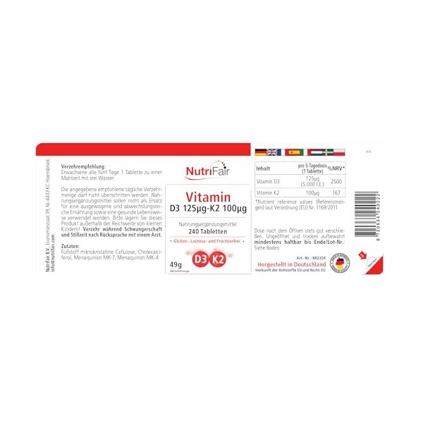 Vitamine D3 + K2-240 comprimés - Haute dose - biodisponibilité optimale - Production allemande & tests en laboratoire - Nutri