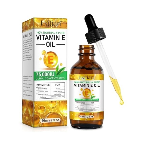 Vitamine E Huile, Huile De Vitamine E 75,000 Ui, 100% Naturel vitamine e Liquide Pure pour le Visage, les Cheveux, les Ongles...