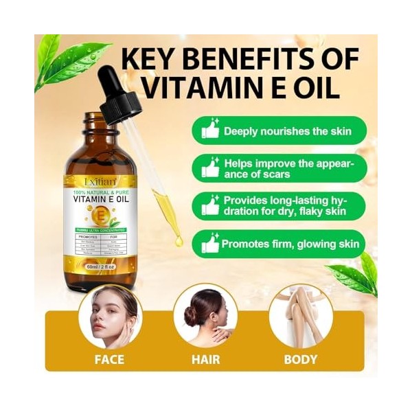 Vitamine E Huile, Huile De Vitamine E 75,000 Ui, 100% Naturel vitamine e Liquide Pure pour le Visage, les Cheveux, les Ongles...