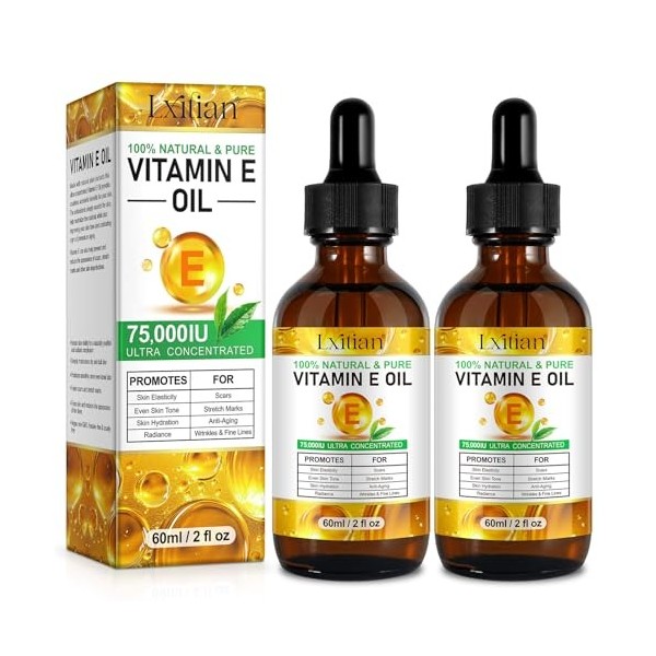 Vitamine E Huile, Huile De Vitamine E 75,000 Ui, 100% Naturel vitamine e Liquide Pure pour le Visage, les Cheveux, les Ongles...