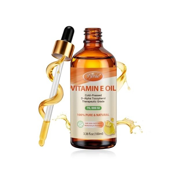 Pjordo Huile de Vitamine E - 100% Pure et Naturelle, Vitamine E Huile 70 000 UI pour la Peau, le Visage, les Cheveux, les Ong