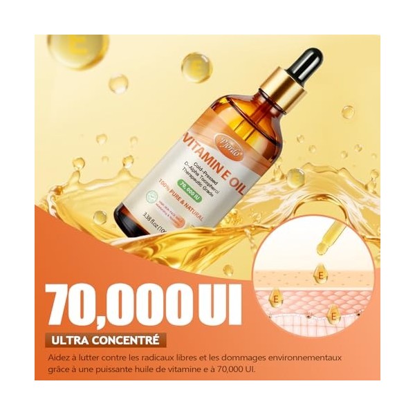 Pjordo Huile de Vitamine E - 100% Pure et Naturelle, Vitamine E Huile 70 000 UI pour la Peau, le Visage, les Cheveux, les Ong
